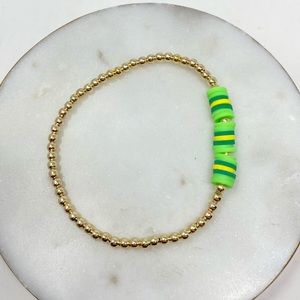 NEW 14k Gold Plated Green and Yellow Clay Beads Handmade Elastic Bracelet